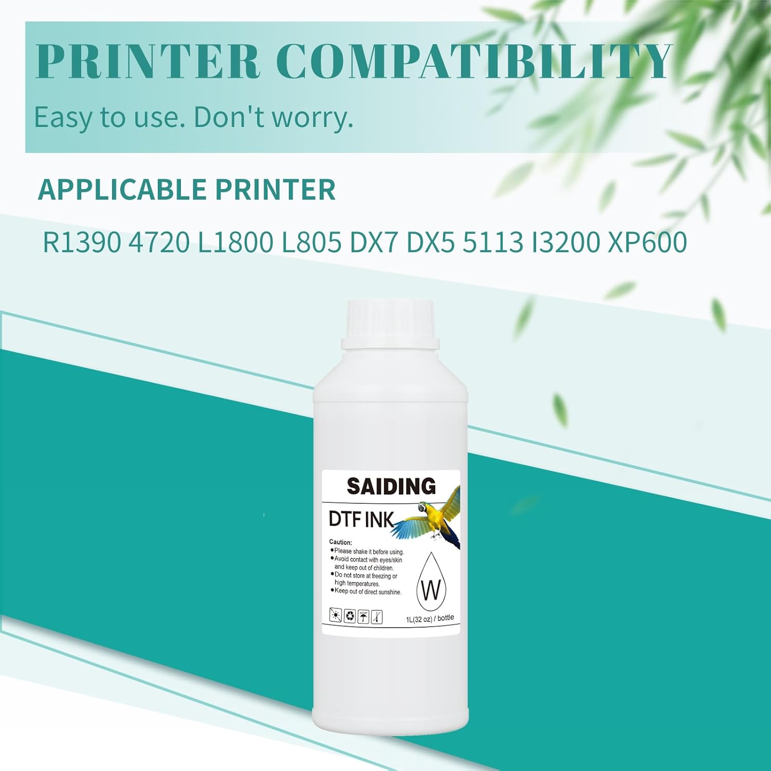 SAIDING Premium DTF Ink Refill for Inkjet Printers Heat Transfer Film Printing R1390 4720 L1800 L805 DX7 DX5 5113 I3200 XP600 (1000ml,1 White)