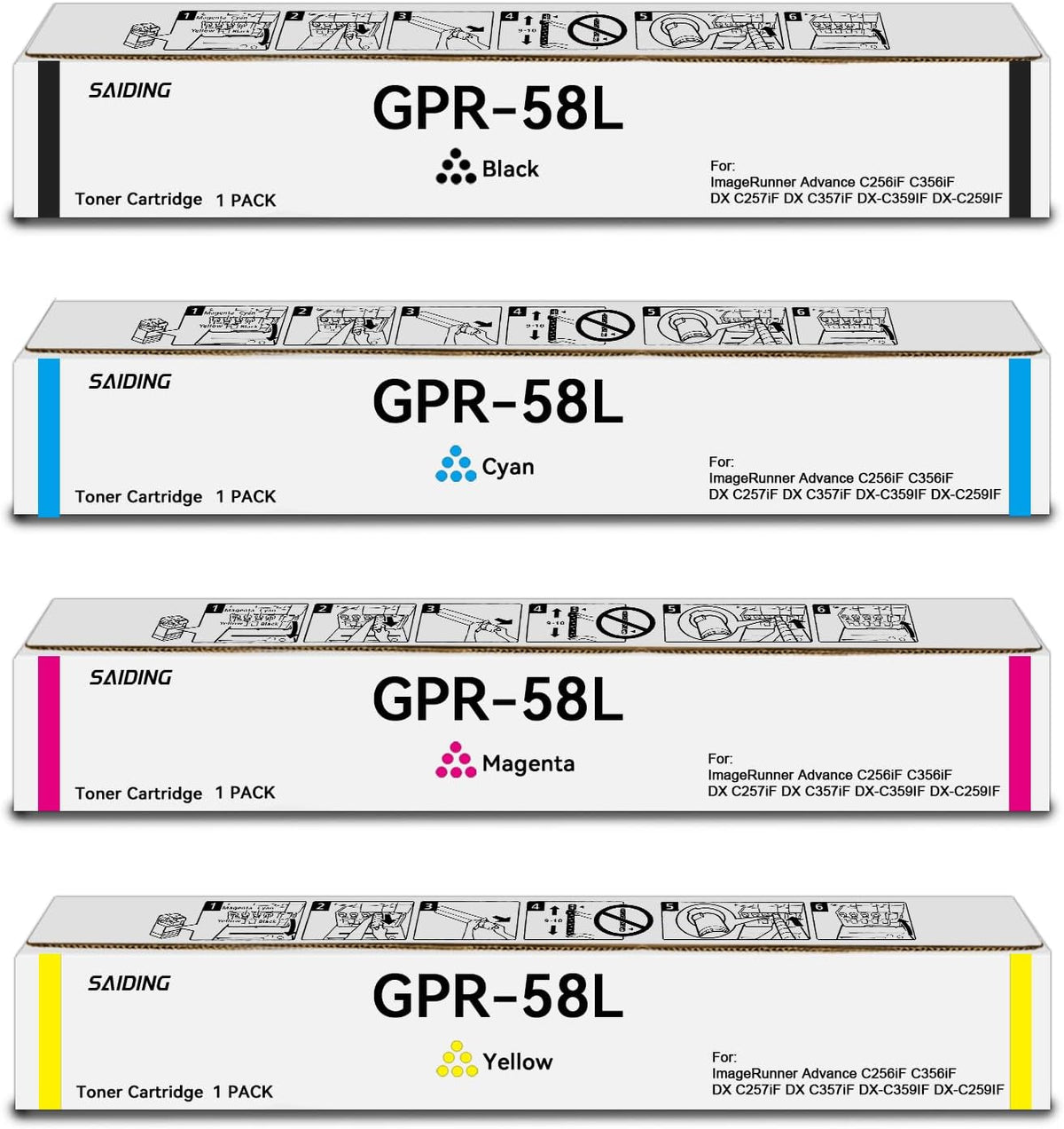 SAIDING Compatible GPR58 GPR-58 Black Cyan Magenta Yellow 2182C003AA 2183C003AA 2184C003AA 2185C003AA Toner Cartridge Replacement for Canon ImageRunner Advance C356 C256 Printer